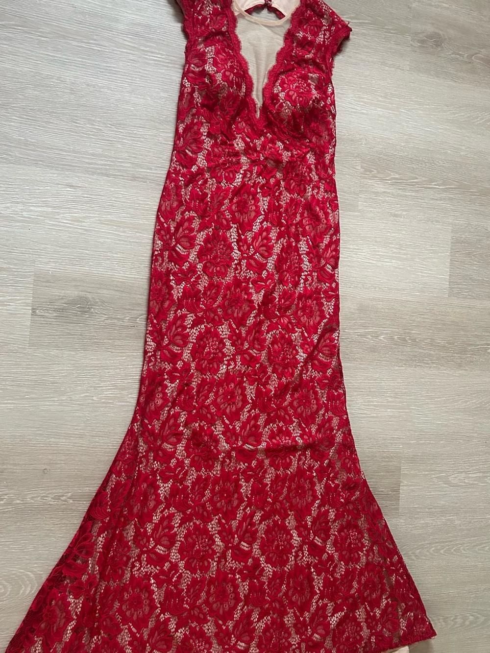 Betsy & Adam Red Lace V-Neck Prom Gown